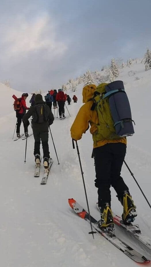 Gruppe med mennesker går på ski